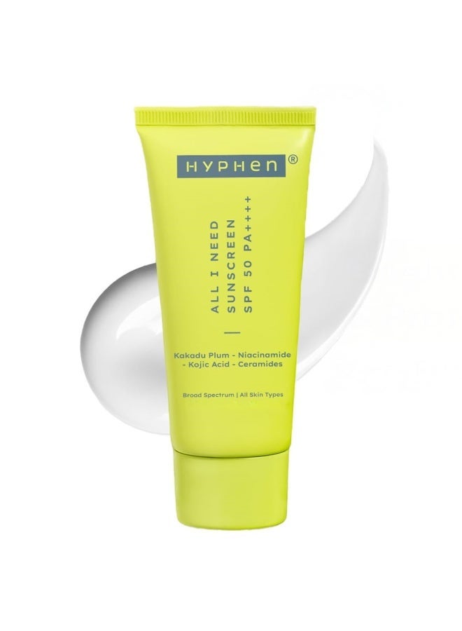 Hyphen All I Need Sunscreen SPF 50 PA ++++ |Lightweight Sun Cream That Moisturizes & Leaves No White Cast| UVA & UVB Sun Protection & Blue Light Protection|For Women & Men| Rich in Anti-Oxidants| 50ml - Image 1